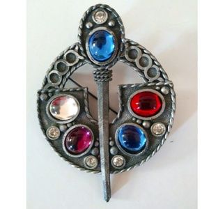 Vintage Bold Signature Pewter Brooch with Colored Glass